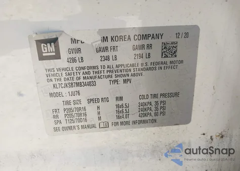 2021 Chevrolet Trax Fwd Ls из США, поврежденный, VIN KL7CJKSB7MB344033